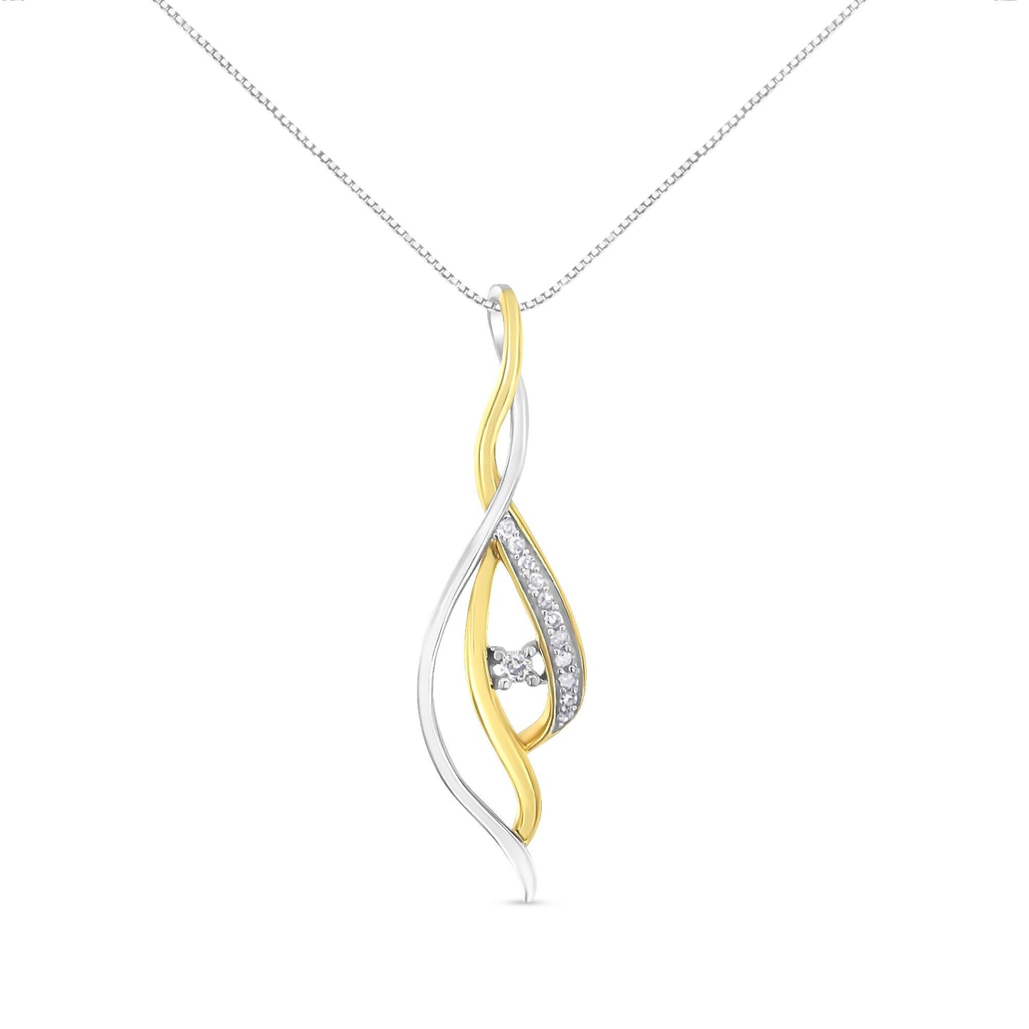 Front view of a necklace pendant with intertwined yellow and white metal ribbons, featuring a central round white gemstone and a row of smaller round white gemstones along one yellow ribbon.