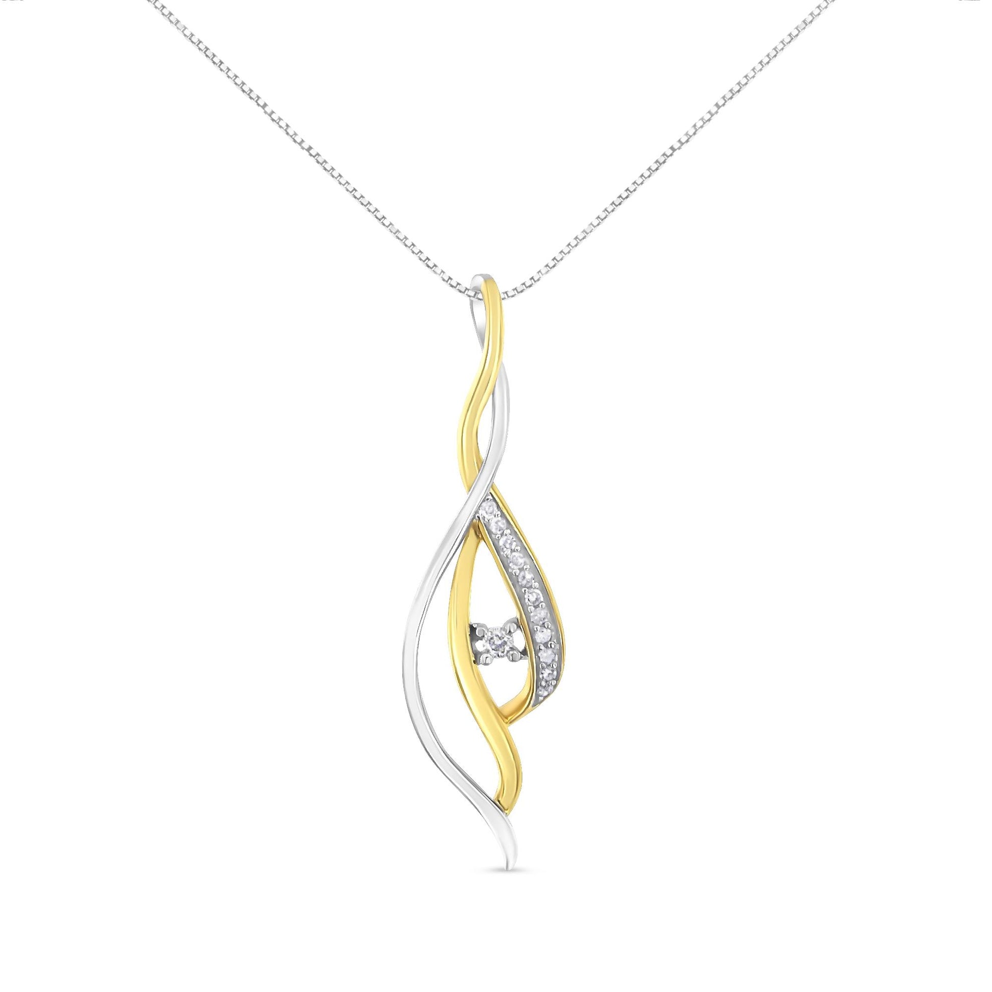Front view of a necklace pendant with intertwined yellow and white metal ribbons, featuring a central round white gemstone and a row of smaller round white gemstones along one yellow ribbon.