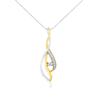 Front view of a necklace pendant with intertwined yellow and white metal ribbons, featuring a central round white gemstone and a row of smaller round white gemstones along one yellow ribbon.