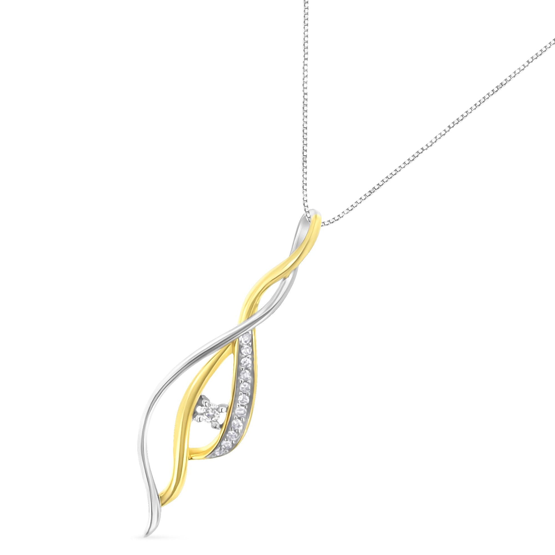 Pendant necklace with intertwined yellow and white metal ribbons, accented with a line of small white gemstones and a cluster of white gemstones in the center, shown in a front-facing angle.