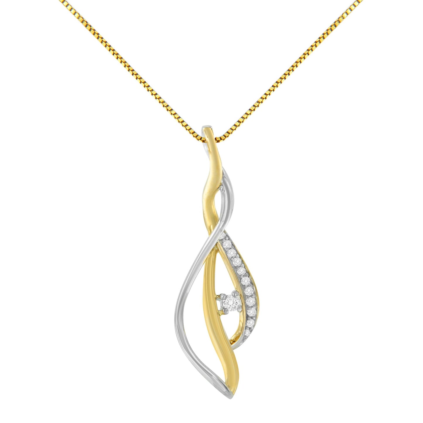 Front view of a necklace pendant with intertwined yellow and white metal bands; the white band is set with multiple small round white gemstones and one larger round white gemstone in prong settings.