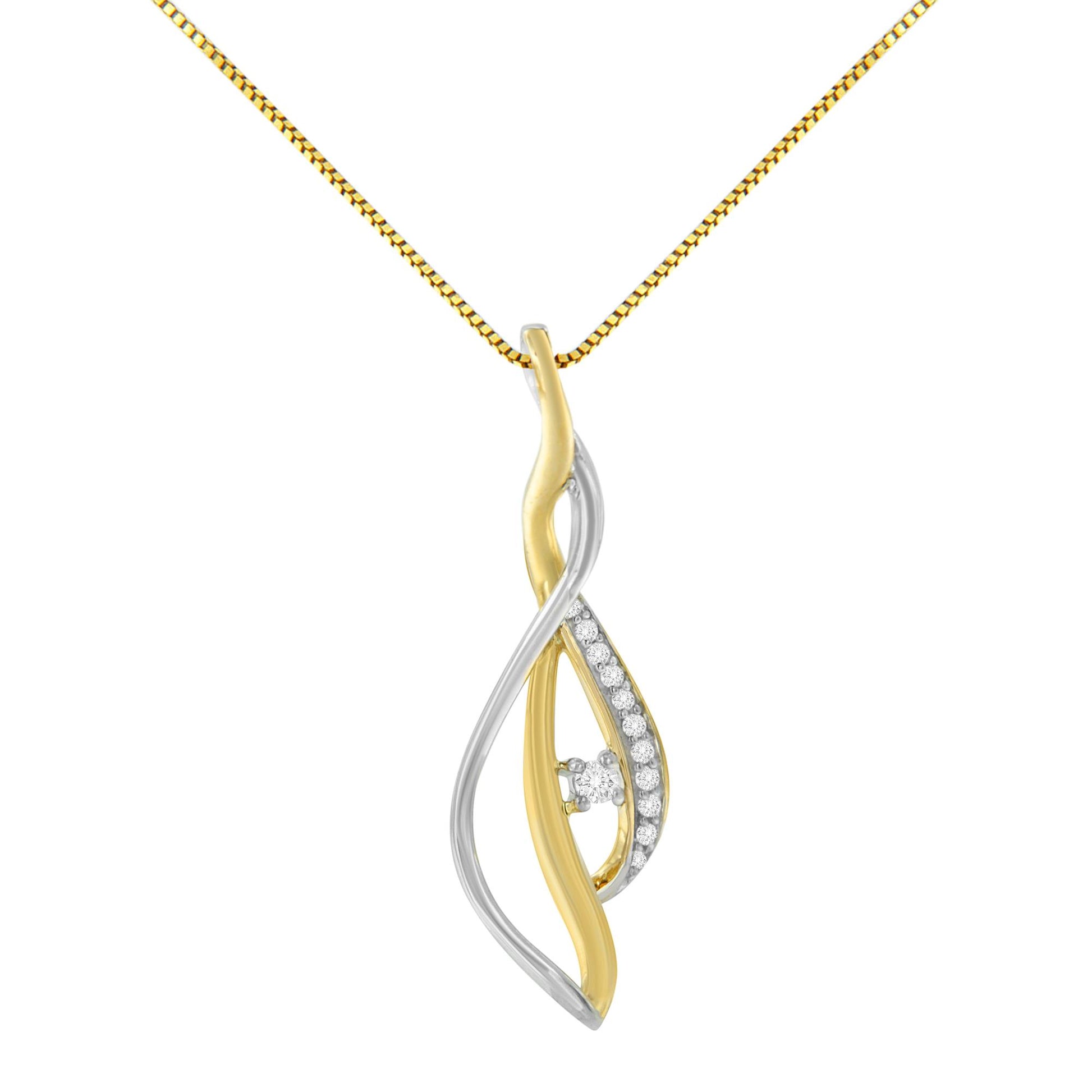 Front view of a necklace pendant with intertwined yellow and white metal bands; the white band is set with multiple small round white gemstones and one larger round white gemstone in prong settings.
