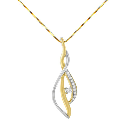Front view of a necklace pendant with intertwined yellow and white metal bands; the white band is set with multiple small round white gemstones and one larger round white gemstone in prong settings.