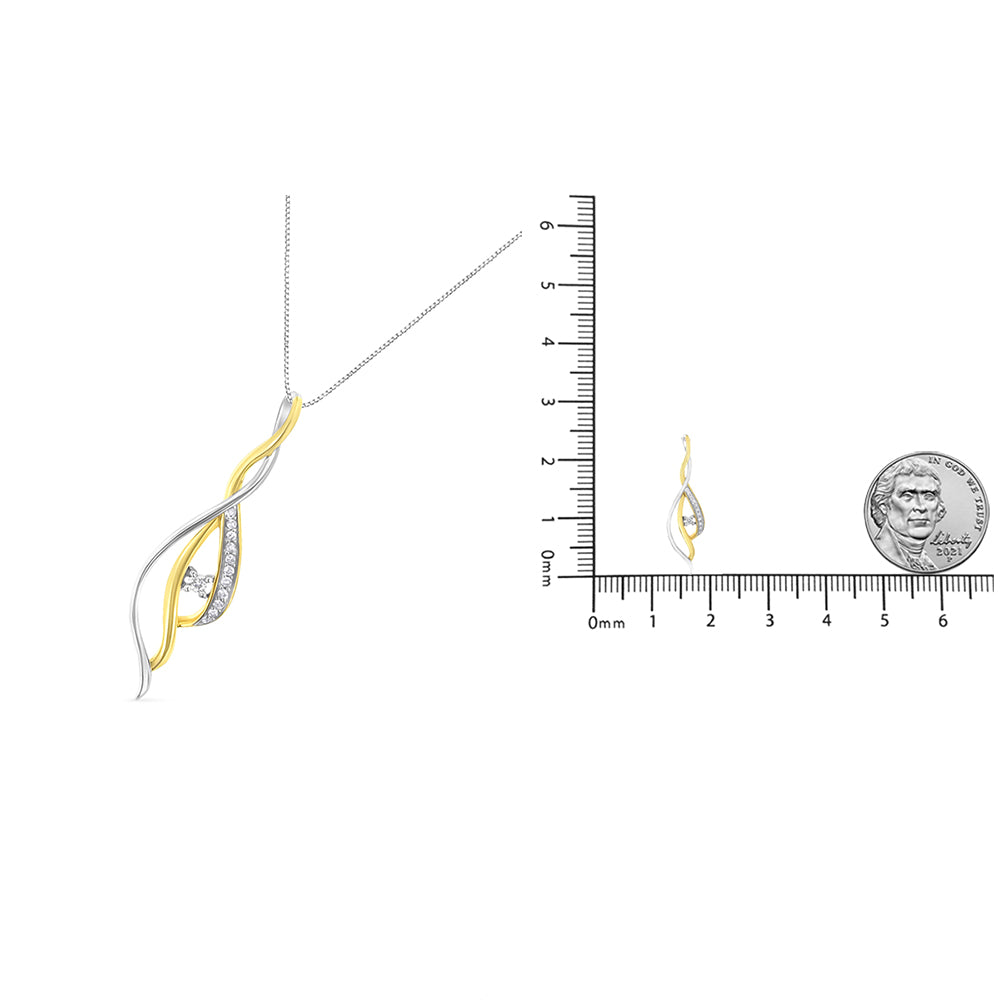 Pendant necklace with intertwined yellow and white metal strands, featuring a curved white metal strand set with white round gemstones in prong settings; front angle view with size comparison on a ruler and coin.