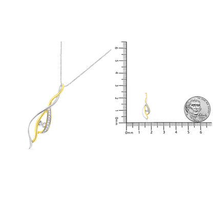 Pendant necklace with intertwined yellow and white metal strands, featuring a curved white metal strand set with white round gemstones in prong settings; front angle view with size comparison on a ruler and coin.