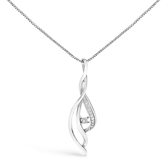 White necklace with an abstract pendant featuring twisted smooth bands and a row of round prong-set white gemstones along one side, with a single round prong-set white gemstone near the center, shown at a front-facing angle.