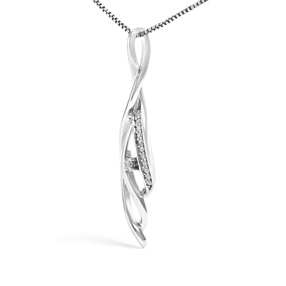 Front view of white metal necklace pendant with an open twisted design featuring one larger round white gemstone and multiple smaller round white gemstones set in prongs, hanging from a box chain.