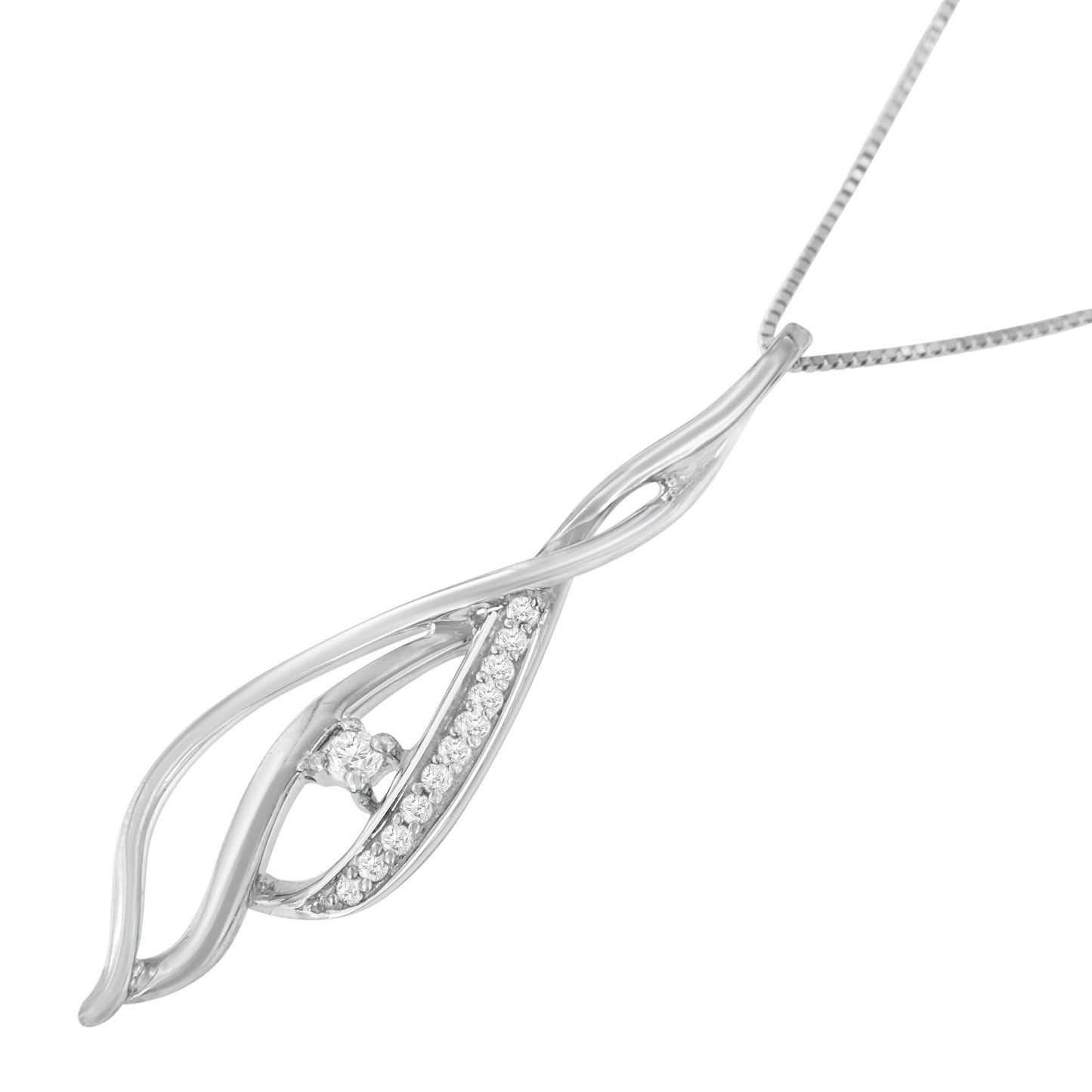 White metal necklace with a twisted pendant featuring one central round white gemstone and a line of smaller round white gemstones, shown from a close-up angled top view.