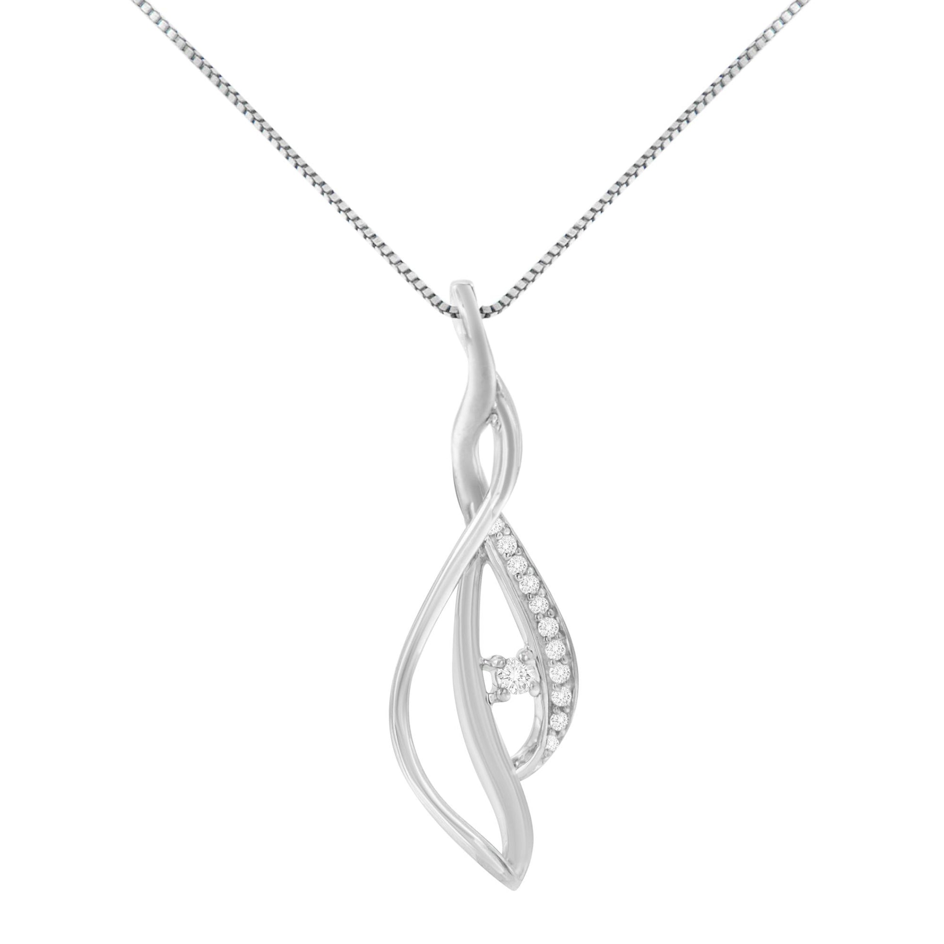 White metal necklace with an abstract twisted pendant featuring one central round white gemstone and a row of smaller round white gemstones, front view on a plain background.