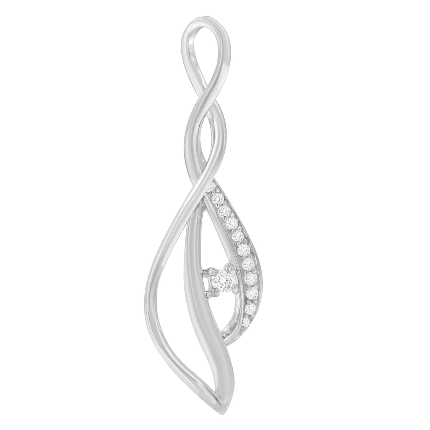 Front view of a white metal necklace pendant with an abstract intertwined loop design, featuring one larger white round gemstone in a prong setting and a row of smaller white round gemstones in prong settings along one side.