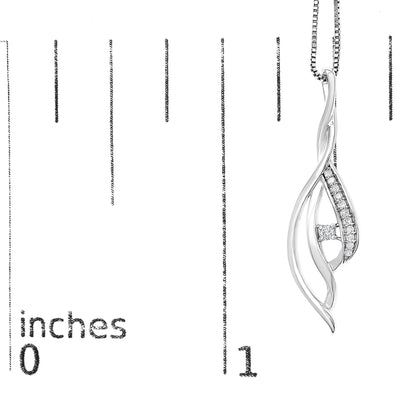 White metal necklace with flowing abstract pendant featuring one central round white gemstone and a row of smaller round white gemstones, displayed hanging on a ruler for size reference, front-facing angle.