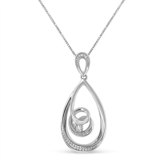 Front view of a white metal necklace with a teardrop-shaped pendant featuring a swirl design and small white gemstones, including one round prong-set white gemstone in the center.