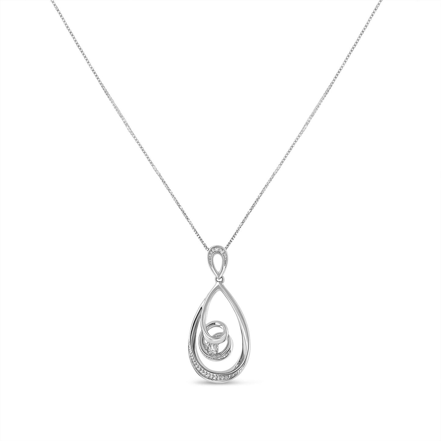 Front-facing shot of a white metal necklace with a teardrop-shaped pendant featuring a swirl design and small white gemstones, including one round white gemstone in prong setting.