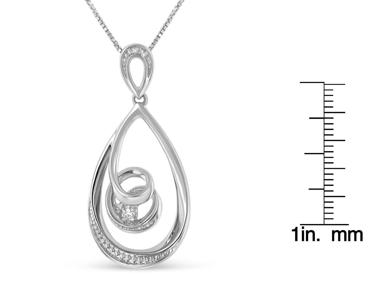 White metal necklace with teardrop-shaped pendant featuring a swirl design and small white gemstones, shown from the front with a size ruler for reference.