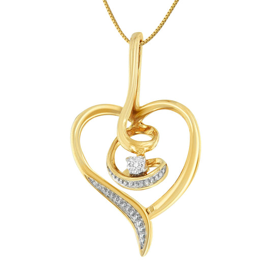 Front view of a yellow metal heart-shaped necklace pendant with a single white round gemstone in prong setting and additional small white gemstones accenting one side.
