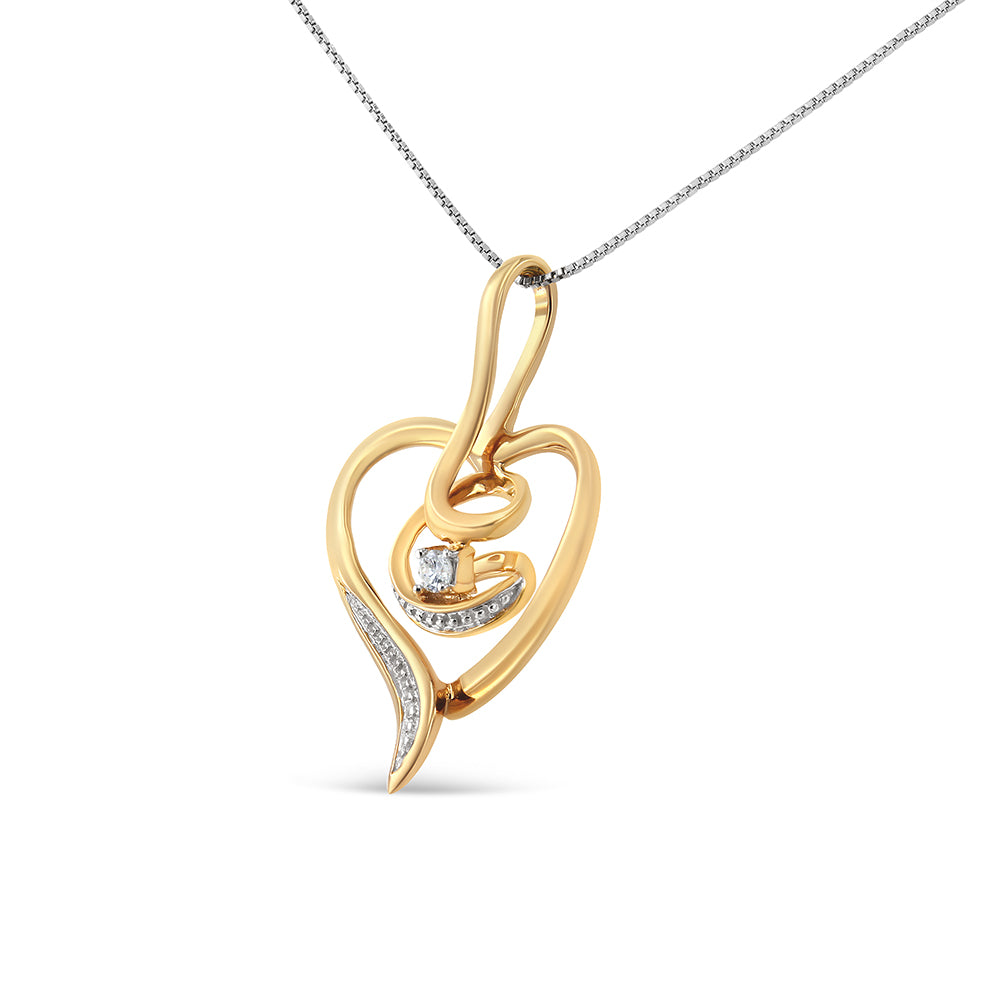 Close-up front view of an abstract yellow metal heart-shaped necklace pendant with a single round white gemstone in prong setting, accented by small white gemstones along one side, hanging from a chain.