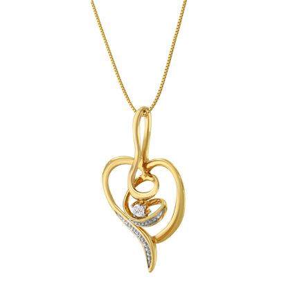 Front view of a yellow metal necklace with an abstract heart-shaped pendant featuring a single round white gemstone in prong setting.