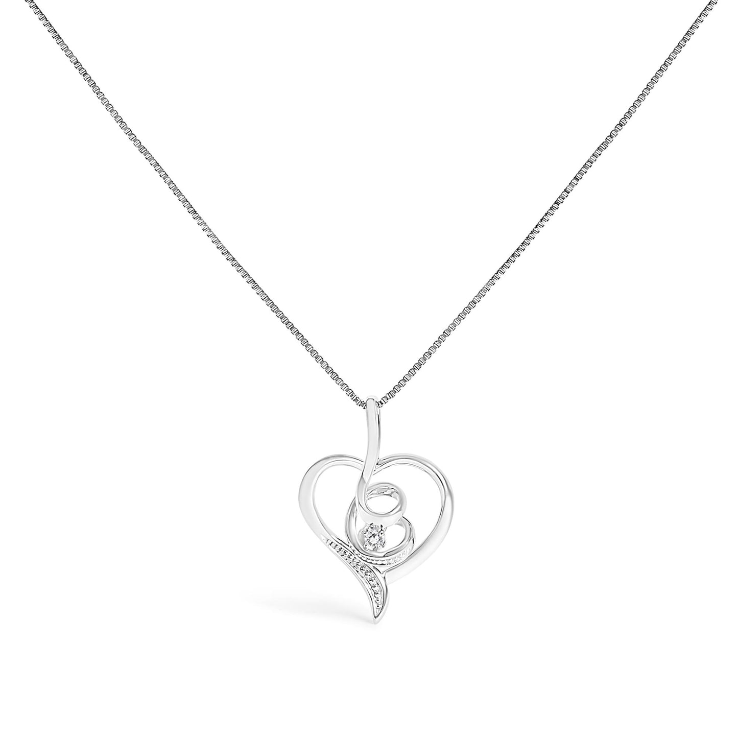 Front view of a white metal heart-shaped necklace pendant with a swirl design, featuring a single round white gemstone in a prong setting, on a fine chain.