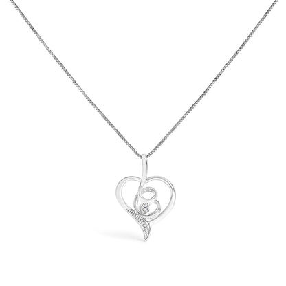 Front view of a white metal heart-shaped necklace pendant with a swirl design, featuring a single round white gemstone in a prong setting, on a fine chain.