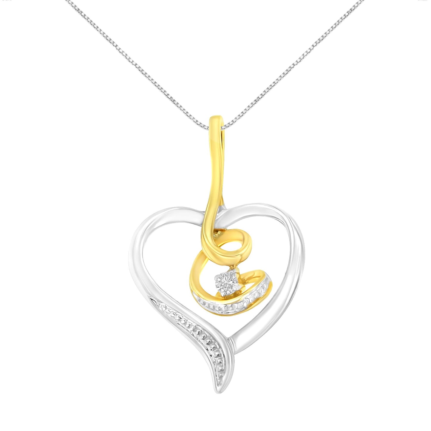 Front angle view of a heart-shaped necklace pendant with intertwined yellow and white metal featuring a single round white gemstone in prong setting, hanging on a chain.