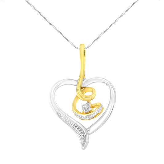 Front angle view of a heart-shaped necklace pendant with intertwined yellow and white metal featuring a single round white gemstone in prong setting, hanging on a chain.