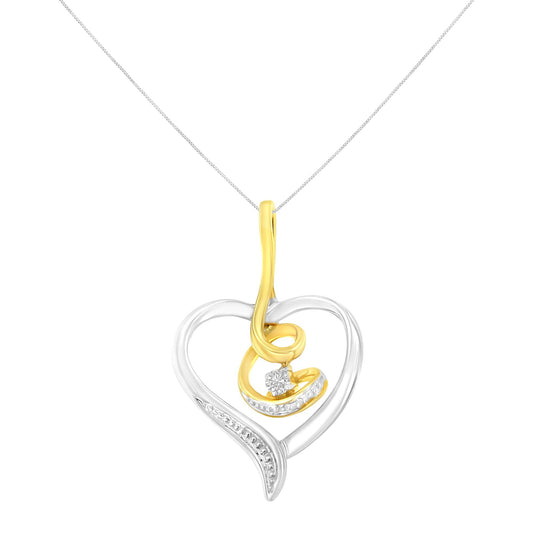 Front view of a heart-shaped necklace pendant with intertwined yellow and white metal, featuring a single round white gemstone in a prong setting.