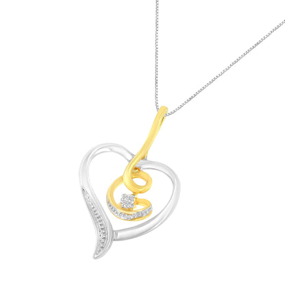 Pendant necklace viewed from the front featuring an open heart design with intertwined yellow and white metal accents and a single round white gemstone set in a prong setting, hanging from a white metal chain.