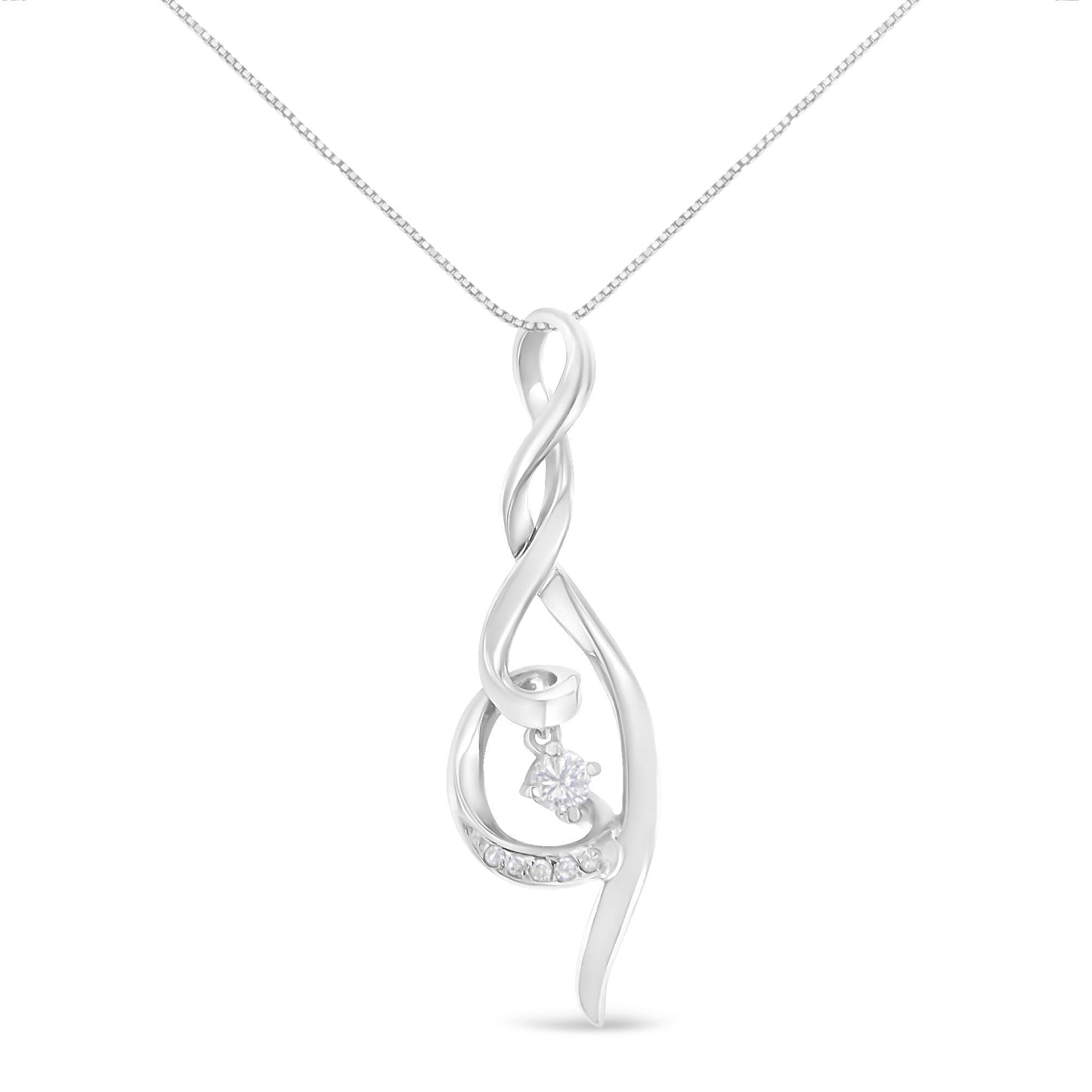 White metal necklace with a twisted infinity pendant design featuring multiple white round gemstones in prong settings, shown against a white background from a front angle.
