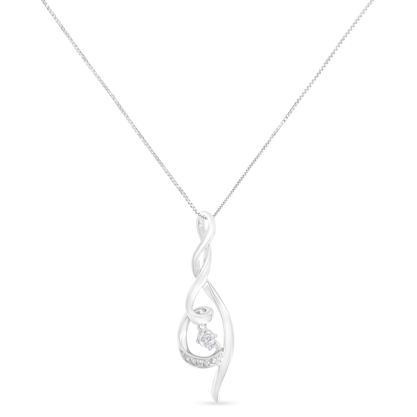 Front view of white metal necklace with a twisted open loop pendant featuring round white gemstones in prong settings.