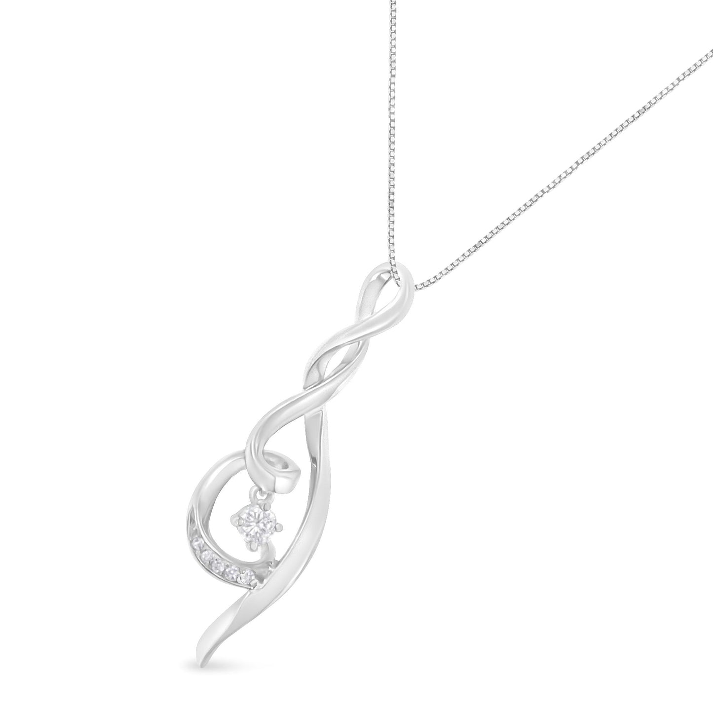 White metal necklace with a twisted loop pendant accented with small round white gemstones, shown from a close-up front angle.