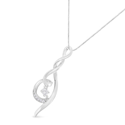 White metal necklace with a twisted loop pendant accented with small round white gemstones, shown from a close-up front angle.