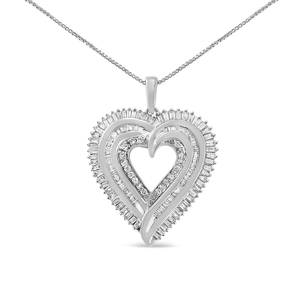 Front-facing shot of a white metal heart-shaped necklace pendant featuring round white gemstones in 4-prong settings and white baguette gemstones in channel settings, hanging from a delicate white metal chain.