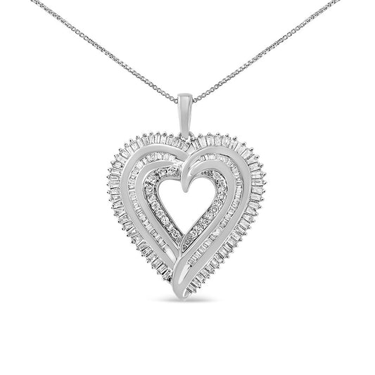 Front-facing shot of a white metal heart-shaped necklace pendant featuring round white gemstones in 4-prong settings and white baguette gemstones in channel settings, hanging from a delicate white metal chain.