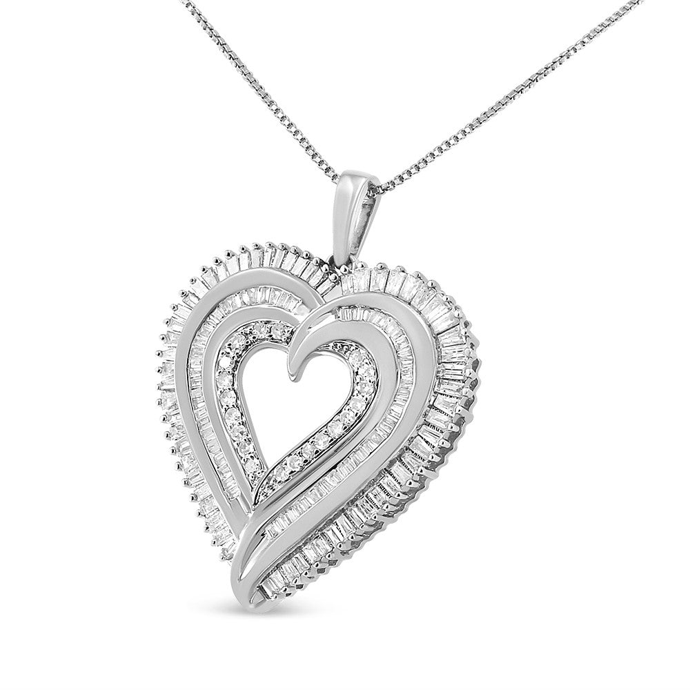Front angle of a white metal heart-shaped necklace pendant featuring round white gemstones in prong settings and baguette white gemstones in channel settings, hanging from a chain.