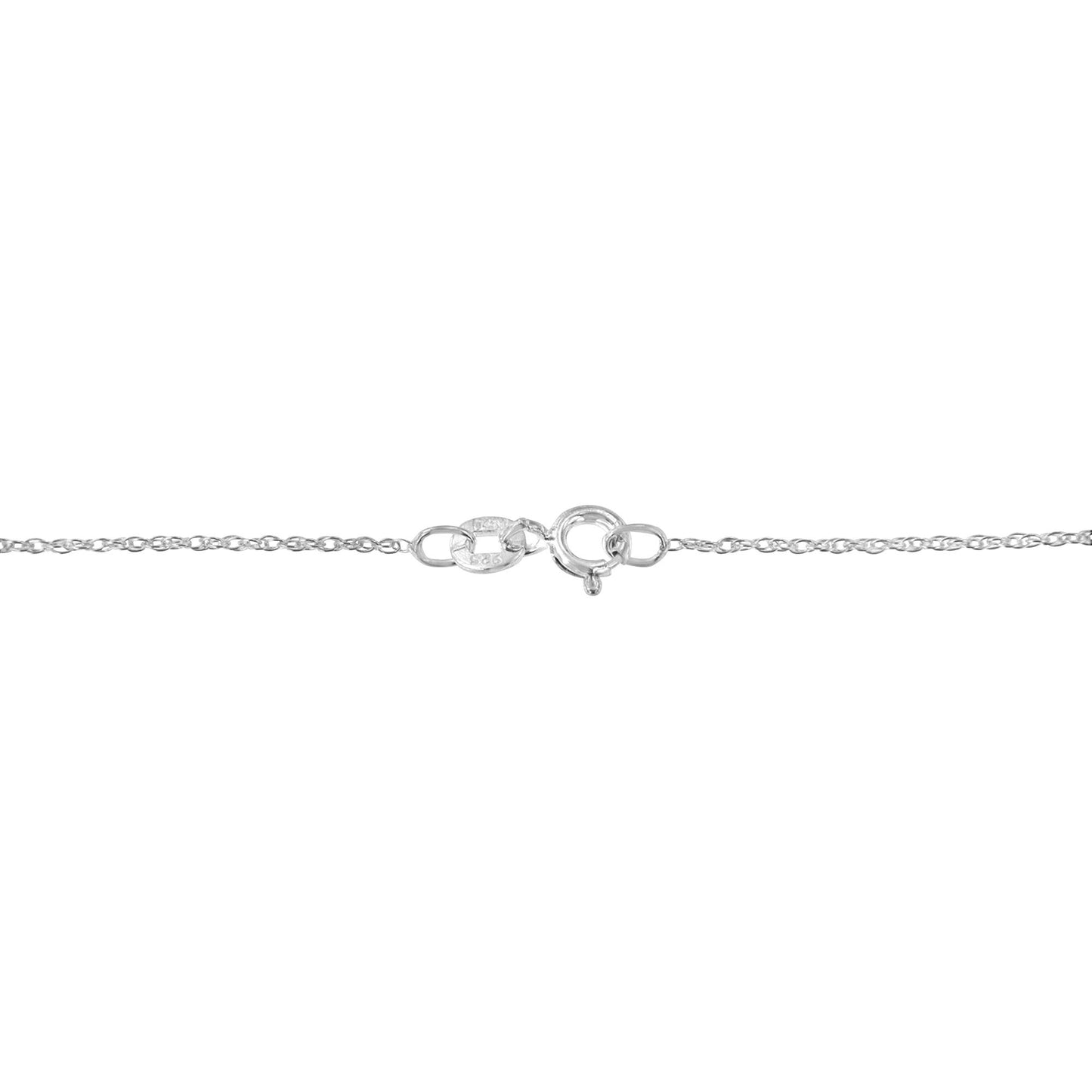 Close-up front view of a white metal chain necklace clasp.