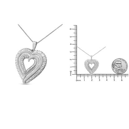 White metal heart-shaped necklace with round and baguette white gemstones, shown from a front angle, alongside a scale and coin for size reference.