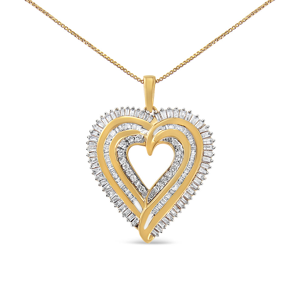 Front-facing shot of a heart-shaped necklace pendant featuring yellow and white metal with channel-set baguette-shaped white gemstones outlining the outer edges and prong-set round-shaped white gemstones lining the inner heart.