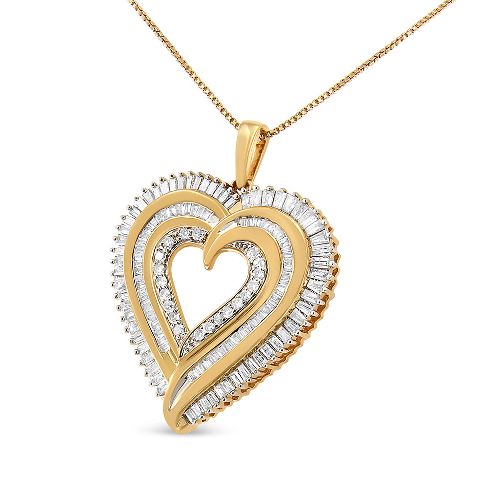 Close-up front angle of a two-tone heart-shaped necklace pendant featuring concentric rows of white round gemstones in prong settings and baguette-shaped gemstones in channel settings.