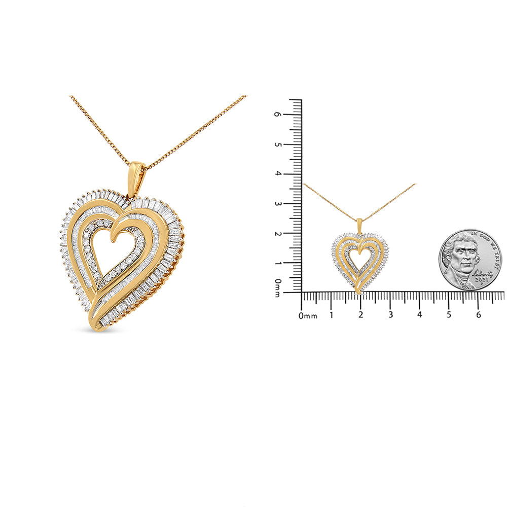 Heart-shaped necklace with yellow and white metal featuring round prong-set white gemstones and baguette channel-set white gemstones, shown from the front and alongside a ruler and coin for size reference.
