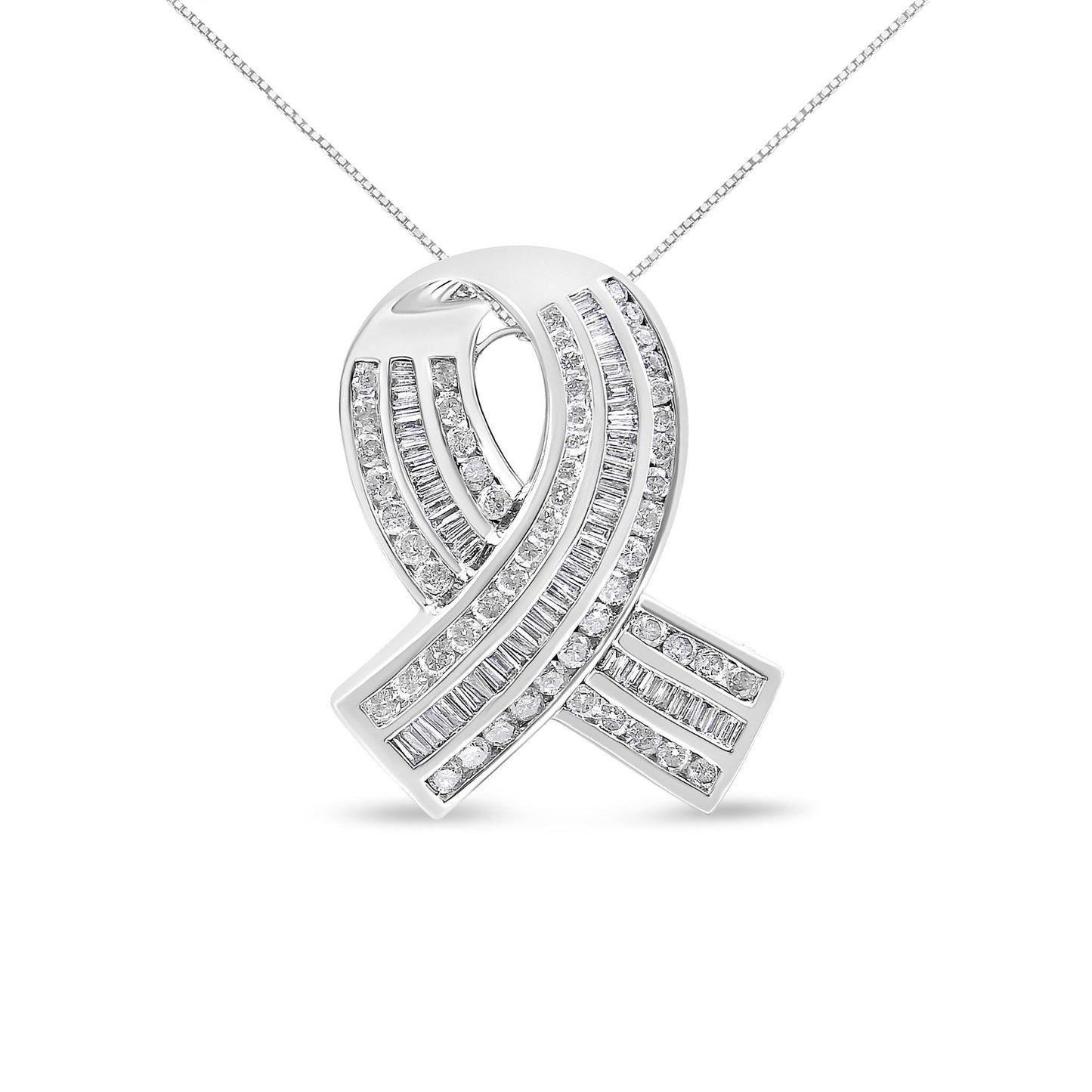 White metal necklace with a ribbon-shaped pendant featuring alternating rows of round and baguette-shaped white gemstones in channel setting, shown in a front-facing close-up view.