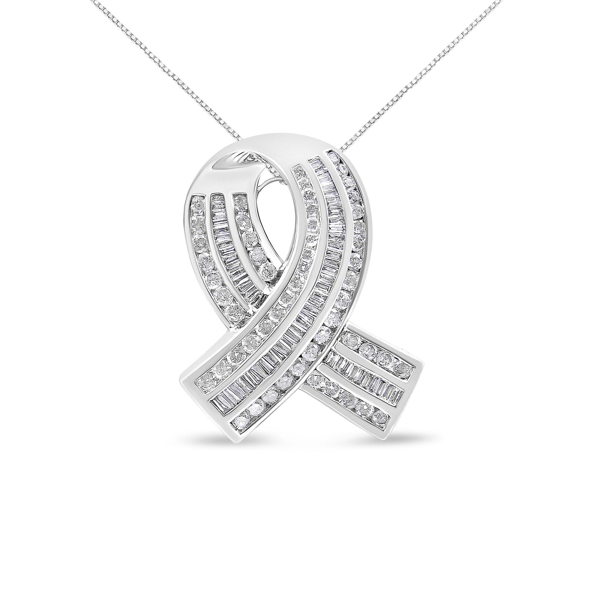 White metal necklace with a ribbon-shaped pendant featuring alternating rows of round and baguette-shaped white gemstones in channel setting, shown in a front-facing close-up view.