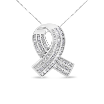 White metal necklace with a ribbon-shaped pendant featuring alternating rows of round and baguette-shaped white gemstones in channel setting, shown in a front-facing close-up view.