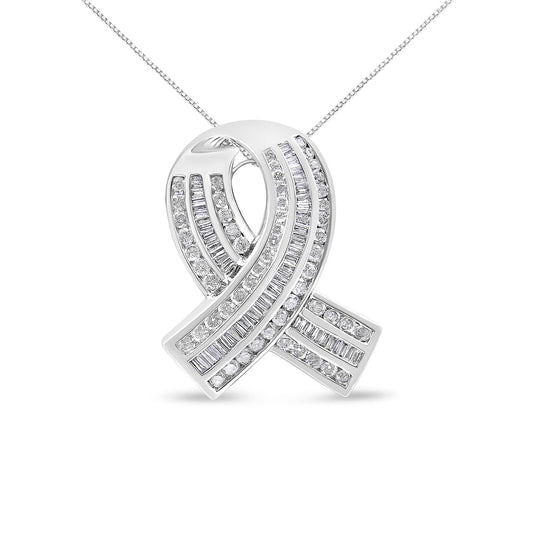 White metal necklace with a ribbon-shaped pendant featuring alternating rows of round and baguette-shaped white gemstones in channel setting, shown in a front-facing close-up view.