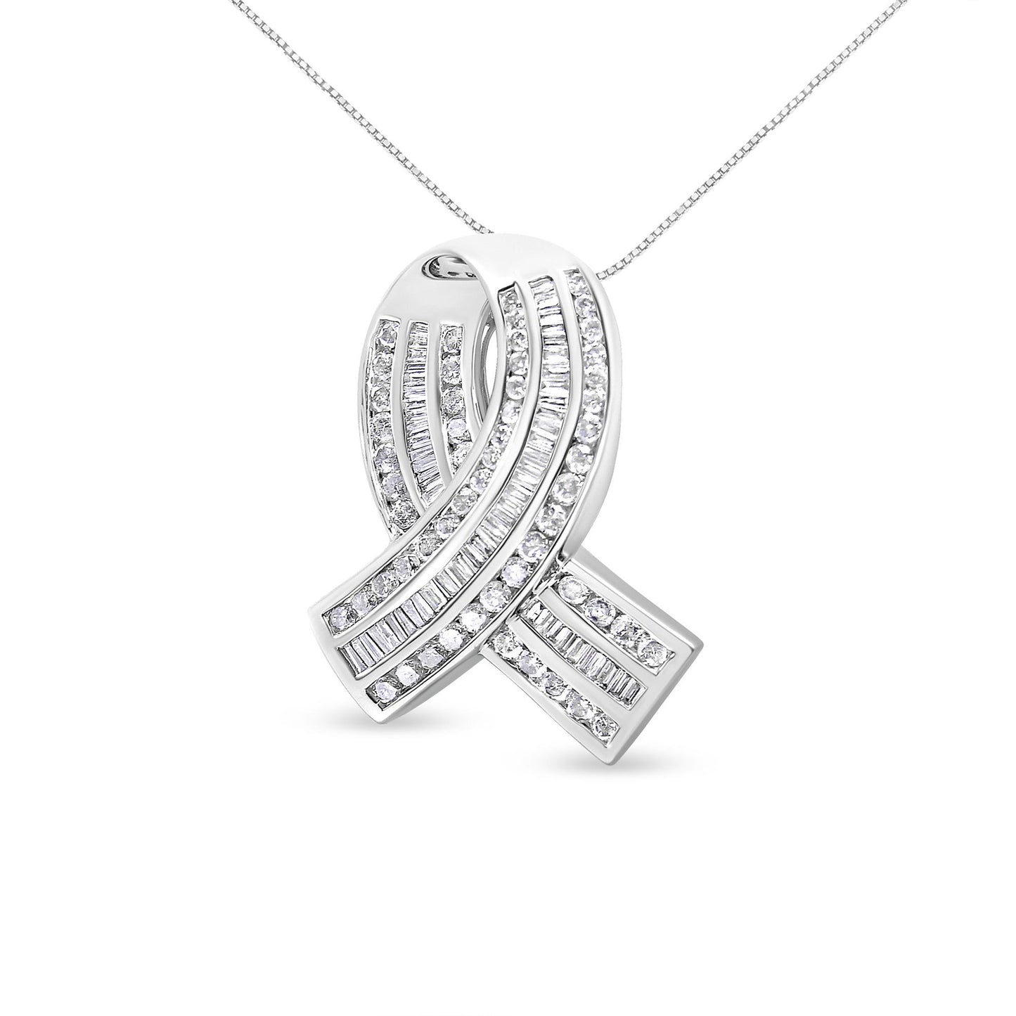 Front angled view of a white metal necklace pendant shaped like a ribbon, featuring channel-set round and baguette white gemstones arranged in alternating rows.