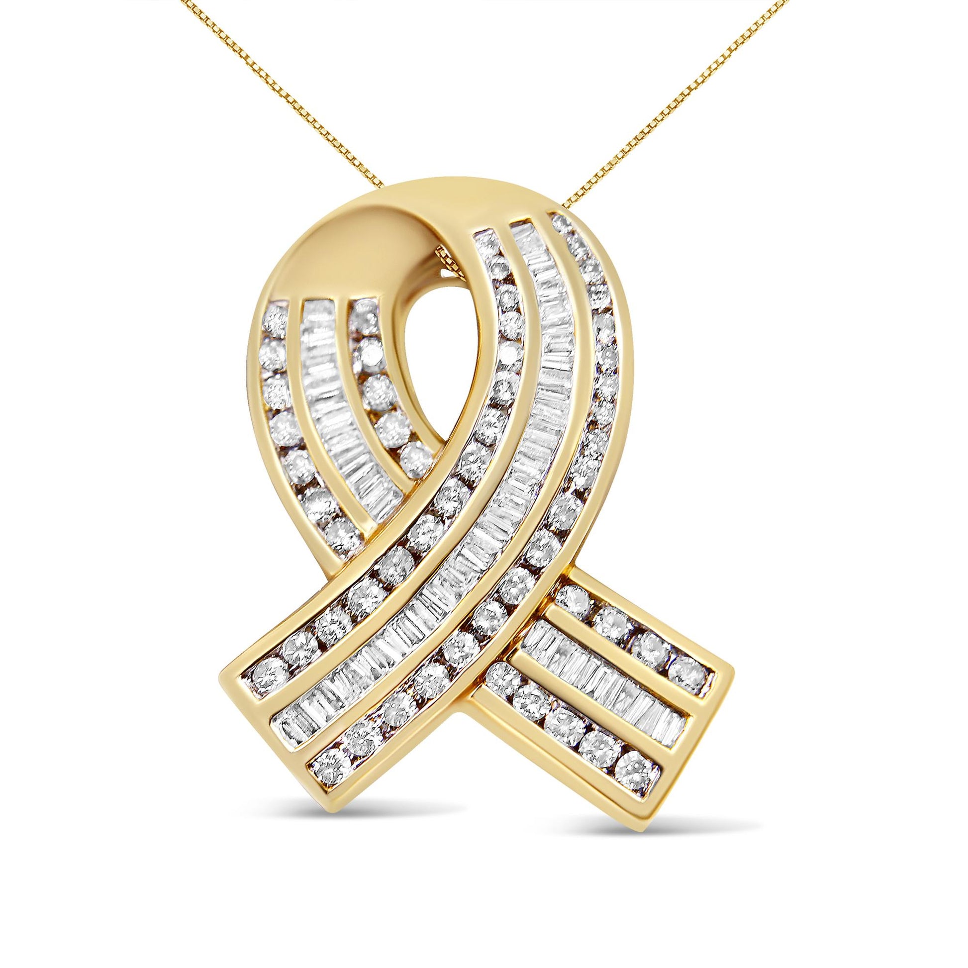 Front-facing view of a yellow necklace pendant shaped like a ribbon, adorned with white round and baguette-shaped gemstones in a channel setting.