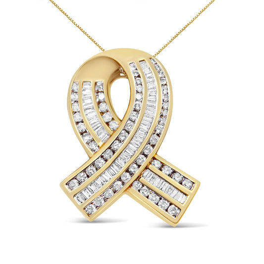 Front-facing view of a yellow necklace pendant shaped like a ribbon, adorned with white round and baguette-shaped gemstones in a channel setting.