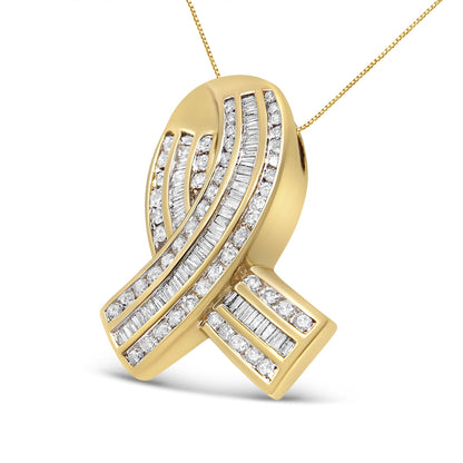 Yellow metal necklace pendant in a ribbon shape with channel-set white round and baguette gemstones, shown from a front angled view on a chain.