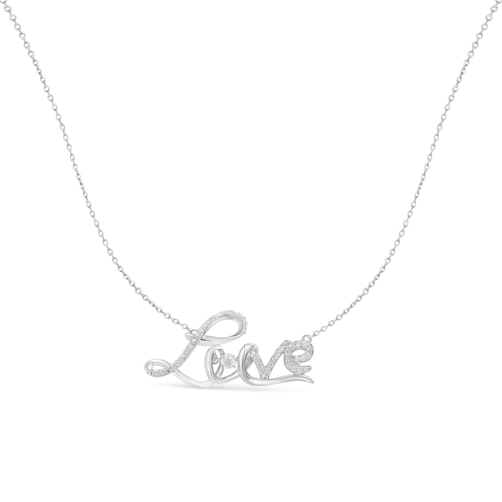 White metal necklace with the word 'Love' written in script, embellished with small white round gemstones and one larger white round gemstone, shown from the front on a white background.