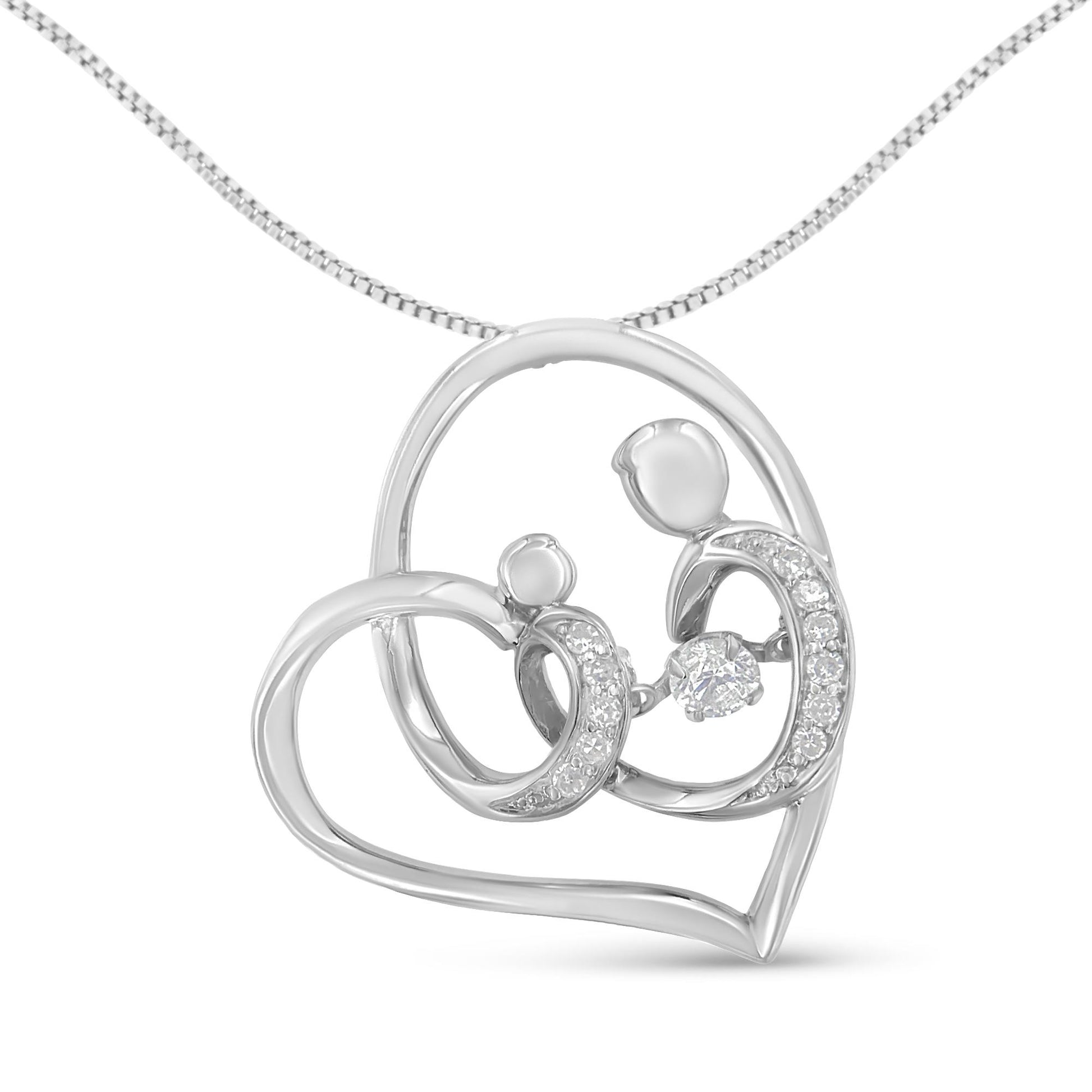 Close-up front view of a white metal heart-shaped necklace pendant featuring two abstract human figures with white round gemstones in prong settings.