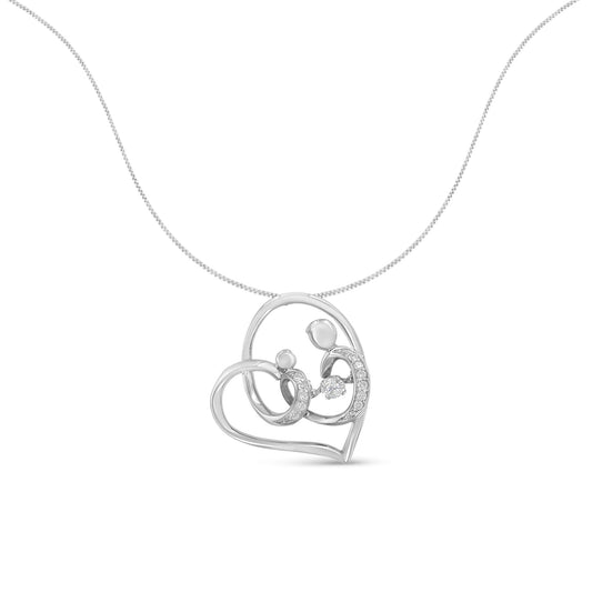 Front view of a white metal heart-shaped necklace pendant with two smaller intertwined heart shapes inside, accented with multiple white round prong-set gemstones and one larger central round prong-set white gemstone.
